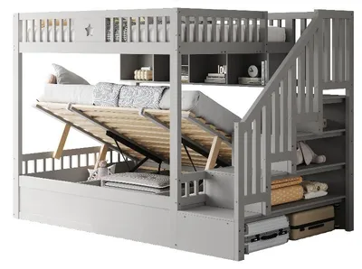 Obrázek produktu pro Postel na vyvýšení 140x200 cm z dřeva s hydraulickým úložným prostorem, schodištěm s úložným prostorem a policemi, šedá barva, postel pro mládež vhodná do malých prostor