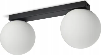 A black ceiling light fixture with two white glass globe shades against a white background.