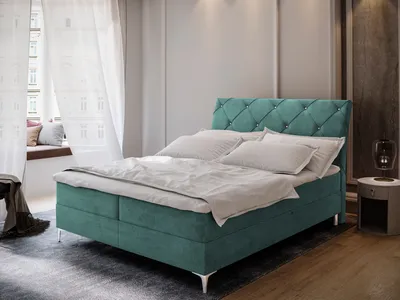 Produktbild von Masseno Boxspringbett MACON 180x200 cm Komplett-Set mit Bonell Matratze und Topper, Polsterbett mit Bettkästen -Blau, ASTON 12