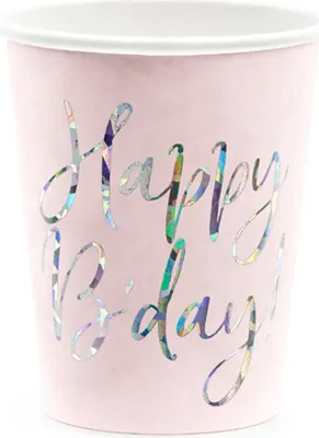 Obrázek produktu pro 6 papírových kelímků "Happy B'day" 220 ml | světle pudrově růžová