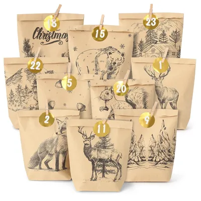 Produktbild von Adventskalender zum Befüllen Adventskalender Weihnachtskalender - 24 Papiertüten - Weihnachtsmotiv - 22 x 18,5 x 6 cm - Mit Zahlenaufklebern und Klammern