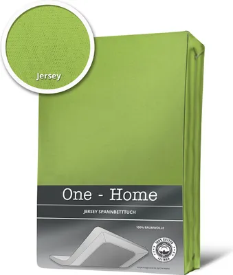 A product shot of a green fitted sheet, with a close-up inset showing the fabric texture and the word 'Jersey'.