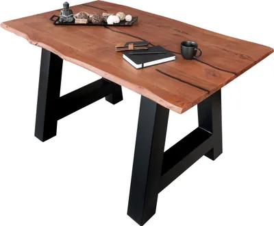 Produktbild von Baumkantentisch Akazie mit schwarzen Resin-Adern nussbaumfarben 160 x 85 cm A-Gestell schwarz POLLY