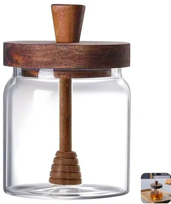 Image de Bocal à miel en verre - Récipient transparent pour sirop - Récipient en verre de 9,5 x 13 cm - Contenance de 400 ml