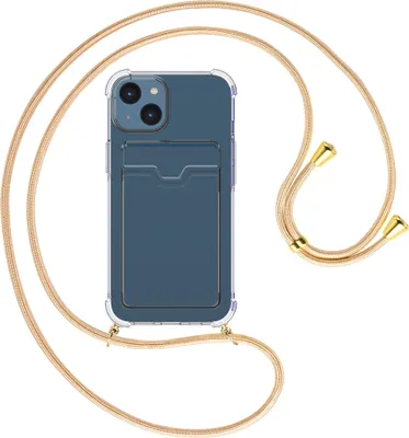 Produktbild von Handykette Backcover-Schutzhülle mit Band (Metall goldfarben) für Apple iPhone 15 - Goldkordel