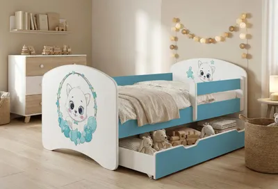 Image de Lit d'enfant Happy Babies avec barrière de sécurité pour garçon, 140 x 70 cm, pour chambre d'enfant, avec tiroir, matelas pour lit simple d'enfant, bleu, autocollants colorés