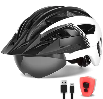 Productafbeelding van FUNWICT Fietshelm met vizier voor heren en dames, lichtgewicht fietshelm met magnetische brilhouder en USB-oplaadbare LED-lamp, stijlvolle mountainbikehelm (maat L: 57-61 cm, zwart-wit)