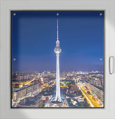 Produktbild von Wallario Lichtschutzbild, Dekorativer Sichtschutz Sonnenschutz 96 x 100 cm mit Motiv: Fernsehturm Berlin bei Nacht - Verdunklung ohne Bohren