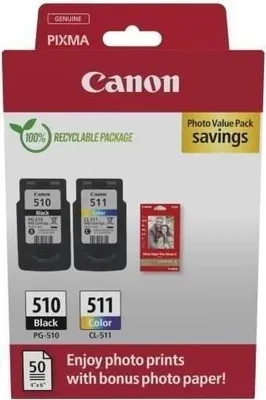 Imagen del producto de Paquete de cartuchos de tinta + Paquete de papel fotográfico, CANON PG-510 (), CL-511 (color), pack de 2 unidades, capacidad de 9 ml