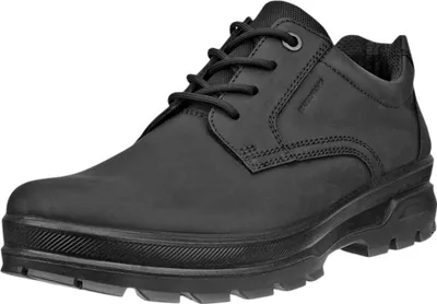 A black leather shoe is shown from a side angle against a white background.