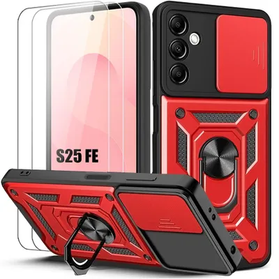 Image de Coque + 2 Verres Trempés pour Samsung Galaxy S25 FE, avec Anneau et Protection Caméra Coulissante - Rouge