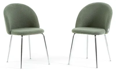 Immagine prodotto di Set di 2 sedie da pranzo in tessuto teddy, imbottite con gambe in metallo, sedie moderne per cucina, sala da pranzo, bar e ristoranti SARA - verde salvia / argento