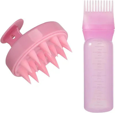 Productafbeelding van Applicatiefles voor haarproducten, 2 stuks. Flessen voor het aanbrengen van haarolie, hoofdhuidmassage, shampoo borstel en haarverf voor thuisgebruik. Kammen voor het aanbrengen van haarproducten (roze)