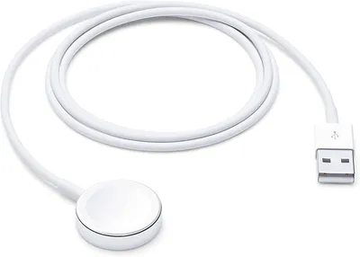 A white Apple Watch charging cable with a USB-A connector is laid out on a white background.