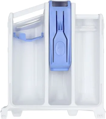 A white plastic washing machine detergent drawer with a blue insert.