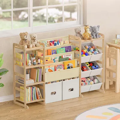 Kinderbücherregal mit 8 Boxen, 4 Ebenen, Holz, 134x30x85 cm