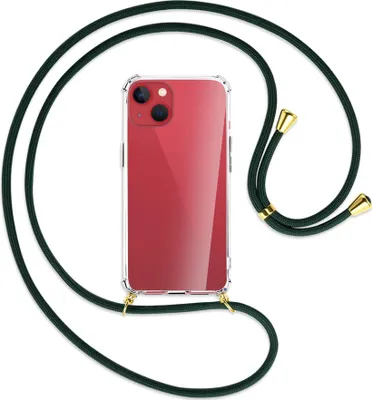 Produktbild von Handykette Backcover-Schutzhülle mit Band (Metall goldfarben) für Apple iPhone 13 mini - dunkelgrün