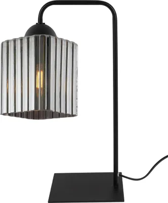 Produktbild von Tischleuchte Riffle Schwarz 1-flammig Glas Rauchgrau Würfel E27