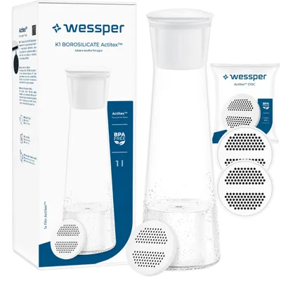 Productafbeelding van Wessper K1 borosilicaat glazen filterkan met deksel, wit, met 3 Actitex™ DISC waterfilters