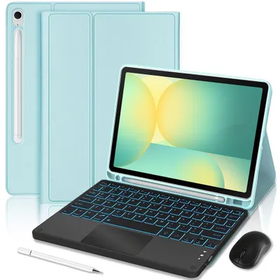 Image de Coque Clavier pour Samsung Galaxy Tab S10 FE / S9 FE, CuirPolyuréthaneBleu avec Clavier Rétroéclairé + Souris + Stylet