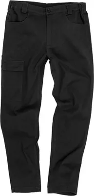 A pair of black cargo pants is shown against a white background.