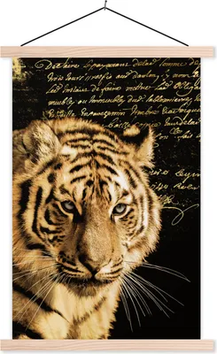 Produktbild von MuchoWow® Textilposter Tiger - Text - Gold 60x90 cm mit holzfarbenen Rahmen - Textil