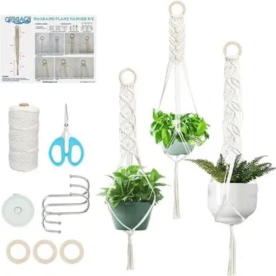 Produktbild von 3 Set DIY Makramee Pflanzenaufhänger Kit für Anfänger, handgefertigte Decke Pflanzenaufhänger Set, Moderne Makramee Boho hängenden Pflanzkorb Halterungen für Zimmerpflanzen