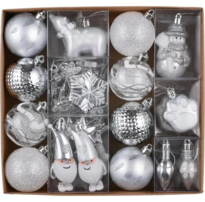 Productafbeelding van Zilveren, witte kerstballen, 40 stuks, breukbestendig, met ophangoog, decoratie voor Kerstmis