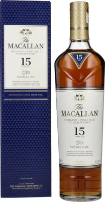 A bottle of Macallan 15 Years Double Cask Scotch Whisky and its accompanying box are displayed side-by-side against a white background.