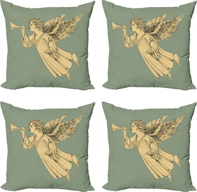 Produktbild von ABAKUHAUS Weihnachten Kissenbezug Set (4 Stück), Fliegen-Engels-Kunst, Moderner Doppelseitiger Digitaldruck, 40 cm x 40 cm, Yellow Mint