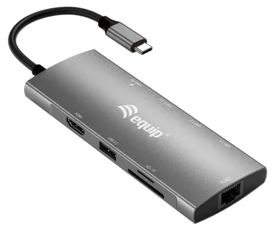 Produktbild von Equip USB-C 9-in-1-Multifunktionsadapter, HDMI 4K/60Hz, Gigabit LAN, USB 3.2 GEN1, SD/TF, 100W USB PD