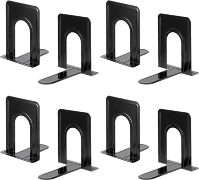 Produktbild von Set mit 4 Paar robusten, schwarzen Metallbuchstützen mit rutschfester Unterseite, für Büro/Schule/Zuhause