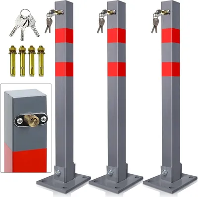 Productafbeelding van Parkeerpalen Set - Afzetpalen Inklapbaar - Eigen Parkeerplaats Beveiligen - Inclusief 3 Sleutels - 3 Stuks 67 cm - Zilver