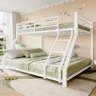 Image de MODFU Lit Superposé 90x200/140x200 cm - Lit Enfant Métal Blanc avec Échelle et Barrières de Sécurité - Résistant et Stable