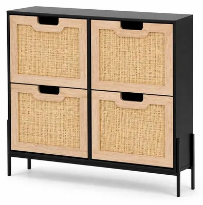 Imagen del producto de Zapatero estrecho con 4 puertas abatibles, frente de ratán, estante para 24-32 pares de zapatos. Color: y roble
