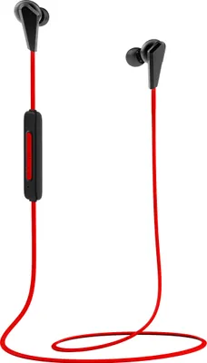 A pair of red and black wireless earphones displayed against a white background.