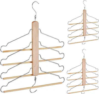 Immagine prodotto di Appendiabiti salvaspazio - Set da 3 - 4 appendiabiti con barra per pantaloni - Legno - Metallo - Ideali per pantaloni - Design naturale - Finitura argento