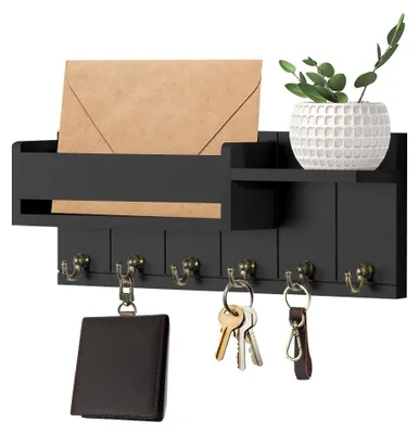 Produktbild von Schlüsselbrett mit Ablage, Holz, 6 Schlüsselhaken, modern, für Wohnzimmer, Küche, Büro, Flur, Schlafzimmer, schwarz