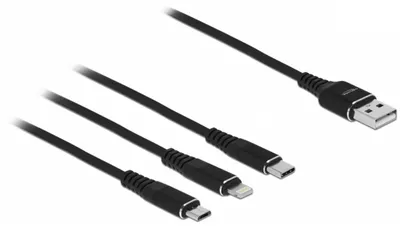 Produktbild von DeLOCK USB Ladekabel 3 in 1 Typ-A zu Lightning / Micro USB / USB Type-C 1 m schwarz, 1 m, USB A, Micro-USB B/Lightning/Apple 30-pin, USB 2.0, Schwarz