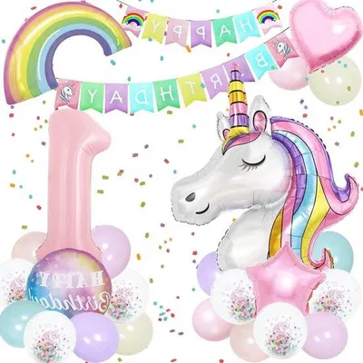 Obrázok produktu pre Súprava narodeninových dekorácií s motívom jednorožca s 3D balónikmi a nápisom „Happy Birthday“ na oslavu pre dievčatá