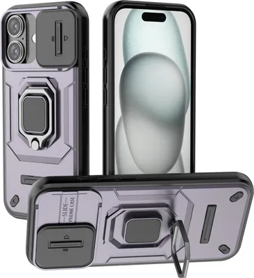 Obrázek produktu pro Pouzdro pro iPhone 17 dvouvrstvé pouzdro s posuvnou ochranou kamery a držákem prstenu, stojánek Fialová