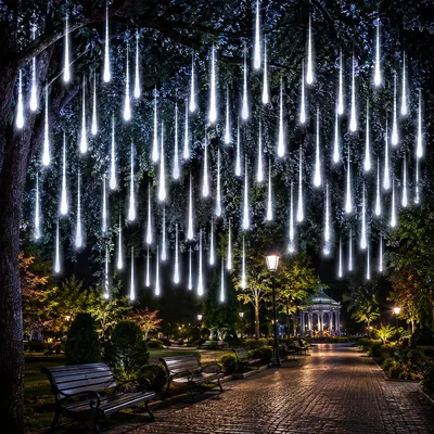 Productafbeelding van Meteorschouw lichtketting, lichtgevende "vallende sterren", kerstverlichting voor tuin, kerstboom, Halloween decoratie, wit, 50 cm, 288 LED's