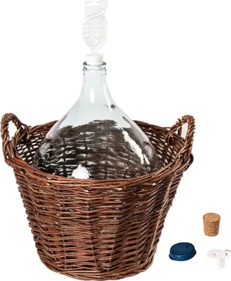 Produktbild von MIKONI Weinballon 5L mit WEIDENKORB +Gärröhrchen +3 Korken, Glasballon Gäreimer Gärballon