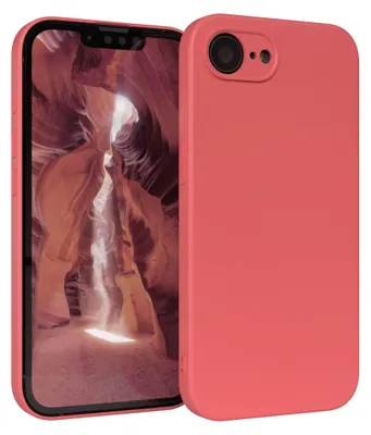 A pink smartphone case is shown next to a smartphone displaying a canyon image.
