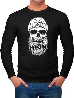 Produktbild von Herren Long-Sleeve Aufdruck Moin Totenkopf Anker Skull Print Motiv Bart Langarm-Shirt Neverless® schwarz S