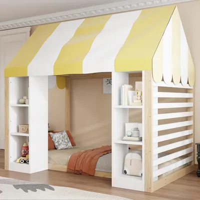 Productafbeelding van Merax kinderbed met hemelbed, 90x200 cm, landelijke stijl, eenpersoonsbed met opbergvakken en houten frame, houten bed met open opbergvakken, naturel