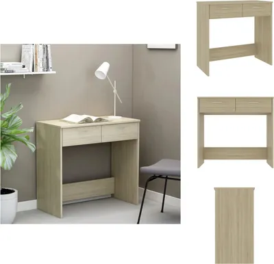 A collage of images showing a light brown wooden desk with drawers, presented from different angles and in a room setting.