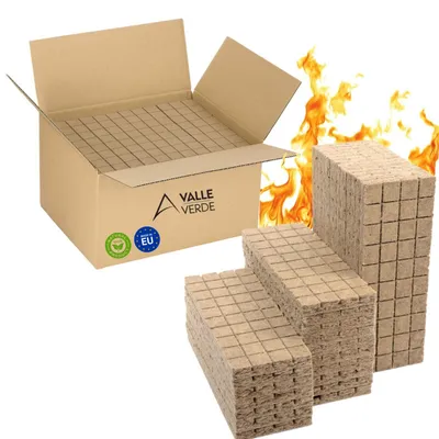 A cardboard box filled with fire starters, with stacks of fire starters in the foreground and flames in the background.