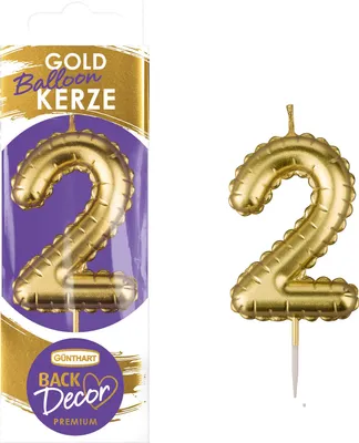 Produktbild von Backdecor Wachskerze gold in Ballon Form mit der Nr. 2 für festliche Tortendekorationen