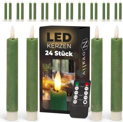 Produktbild von LED Stabkerzen 24 Stück ECHTWACHS Grün - mit Timer Funktion 6 Stunden - 18cm Höhe für Kerzen 2,2cm Durchmesser 2 AAA Batterien notwendig LED Stabkerzen 2er Set 6x Grün bewegliche Flamme Licht